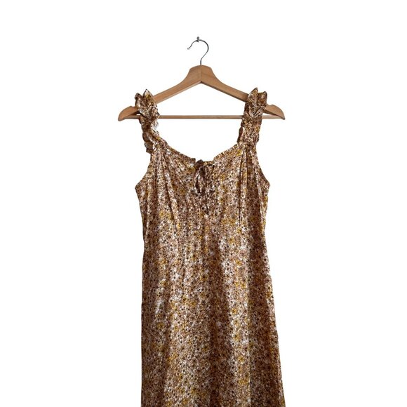 Japna Floral Yellow Brown Sleeveless Midi Dress With Ruffle Straps Womens Size M - Picture 2 of 5